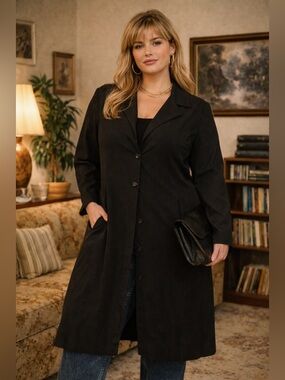 Vintage 80s Classic Elements Black Duster Overcoat Long Blazer Jacket Size 18